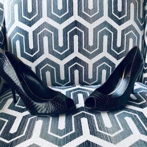 NEW Ralph Lauren Brown Snakeskin Open Toe Pumps